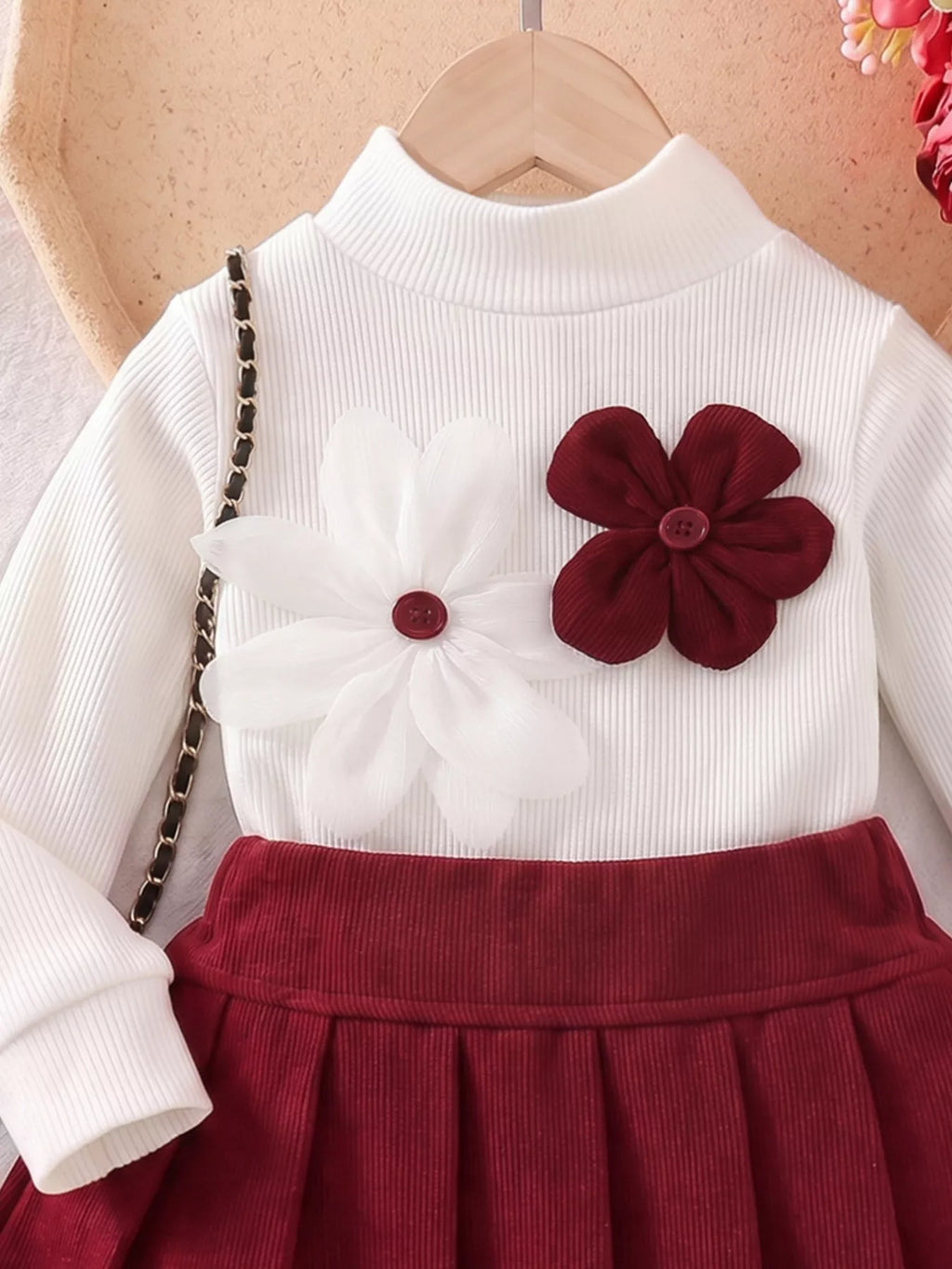 Children's Floral Applique Mock Neck Top and Pleated Skirt Set - Lilixa.store