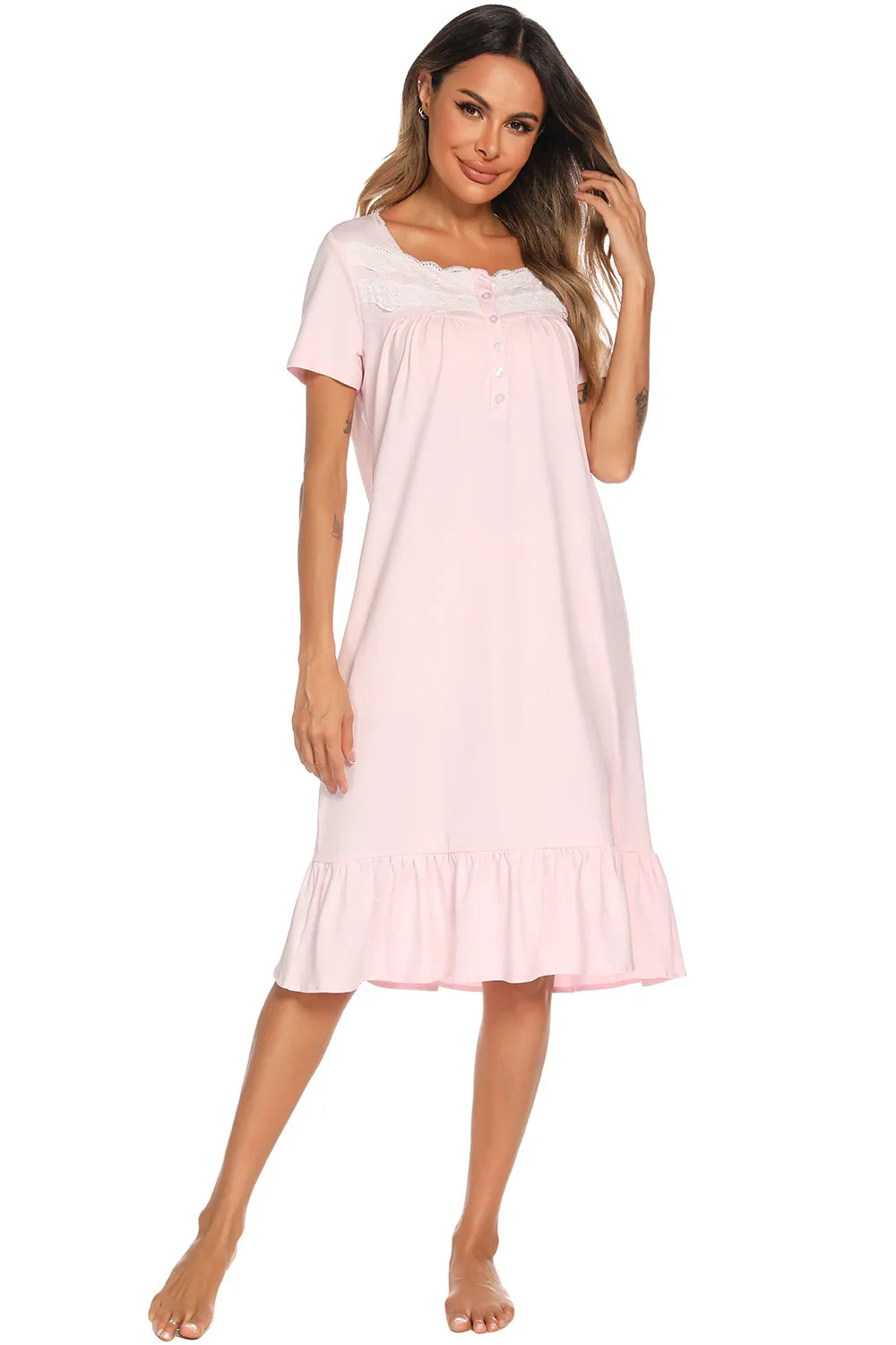 Lace Detail Square Neck Lounge Dress - Lilixa.store