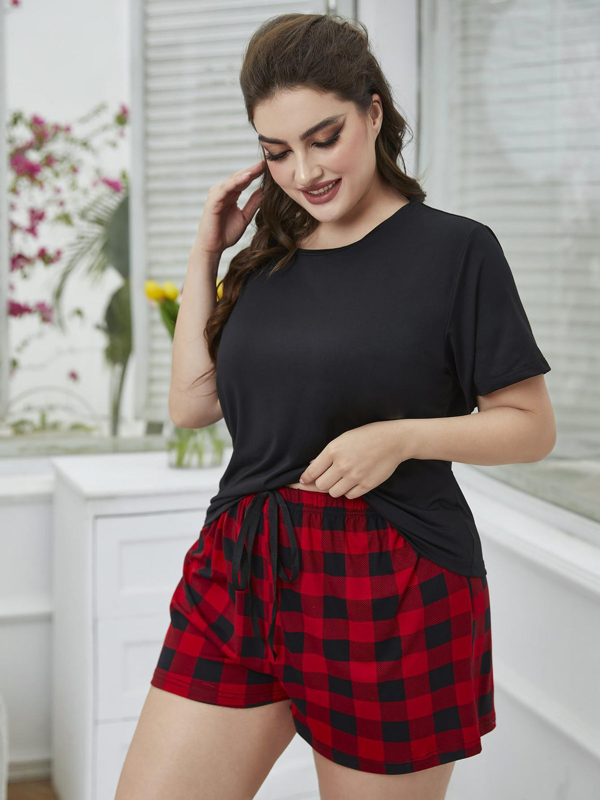 Plus Size Round Neck Tee Shirt and Plaid Shorts Lounge Set - Lilixa.store