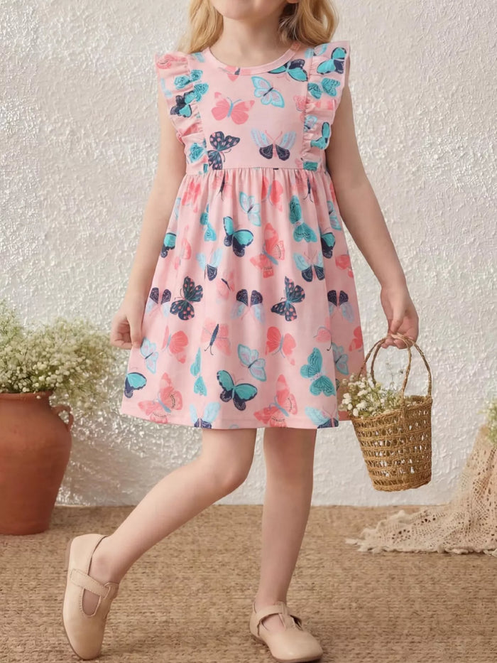 Children's Butterfly Print Ruffle Sleeve Dress - Lilixa.store