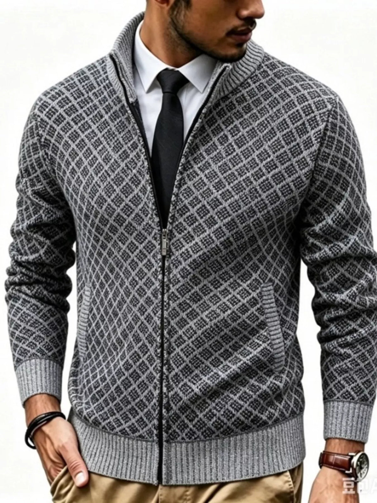 Men's Plus Size Geometric Patterned Full-Zip Cardigan - Lilixa.store