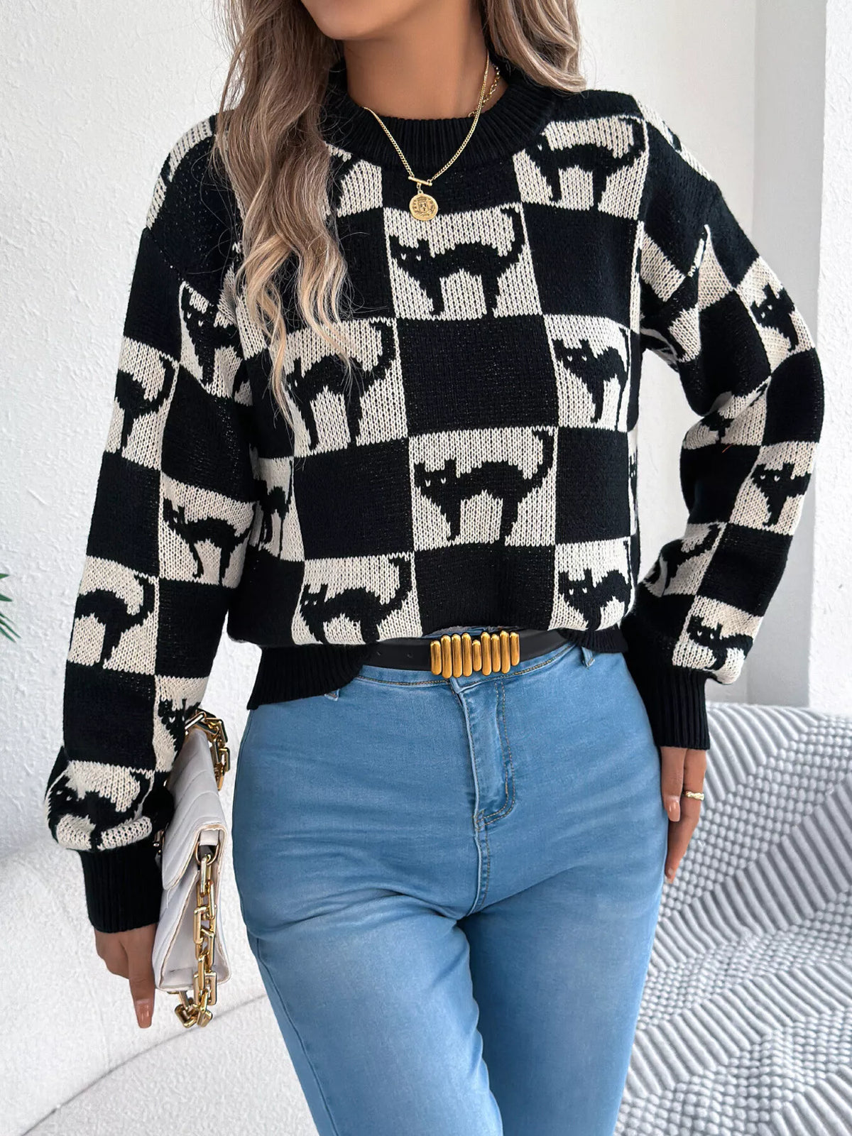 Checkerboard Halloween Graphic Sweater