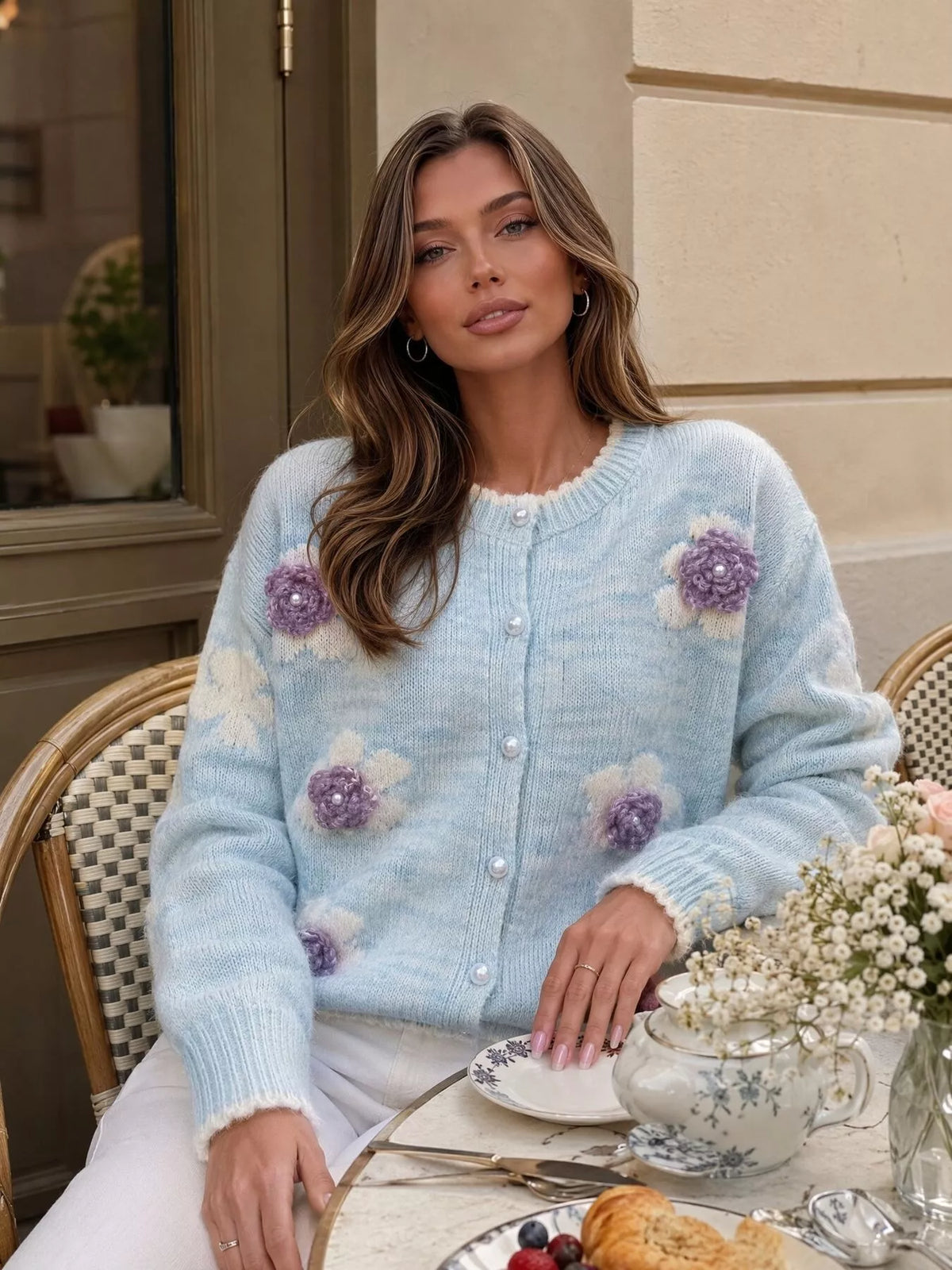 Floral Applique Button-Down Knit Cardigan, view 7