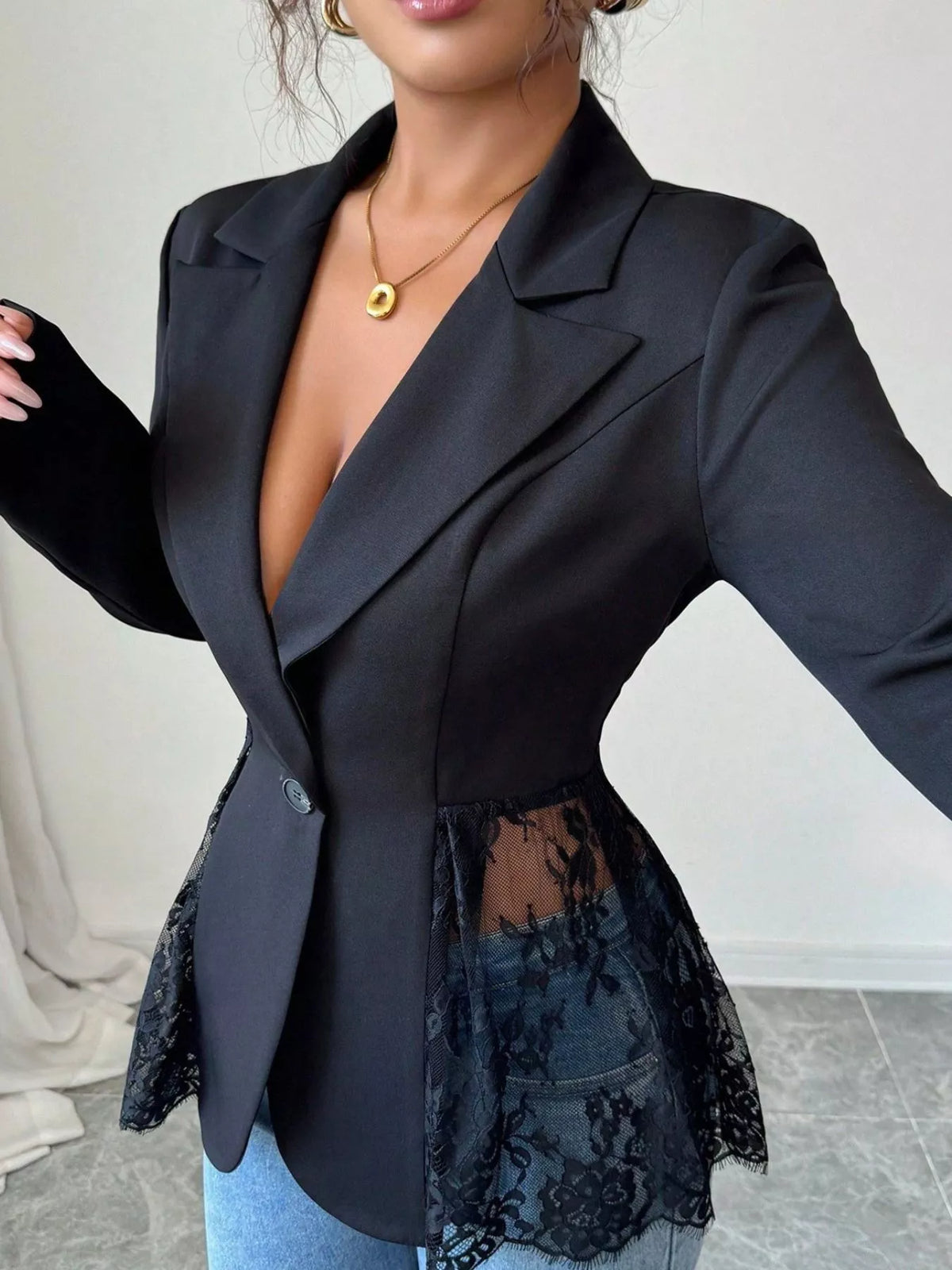 Lace Detail One Button Blazer - Lilixa.store