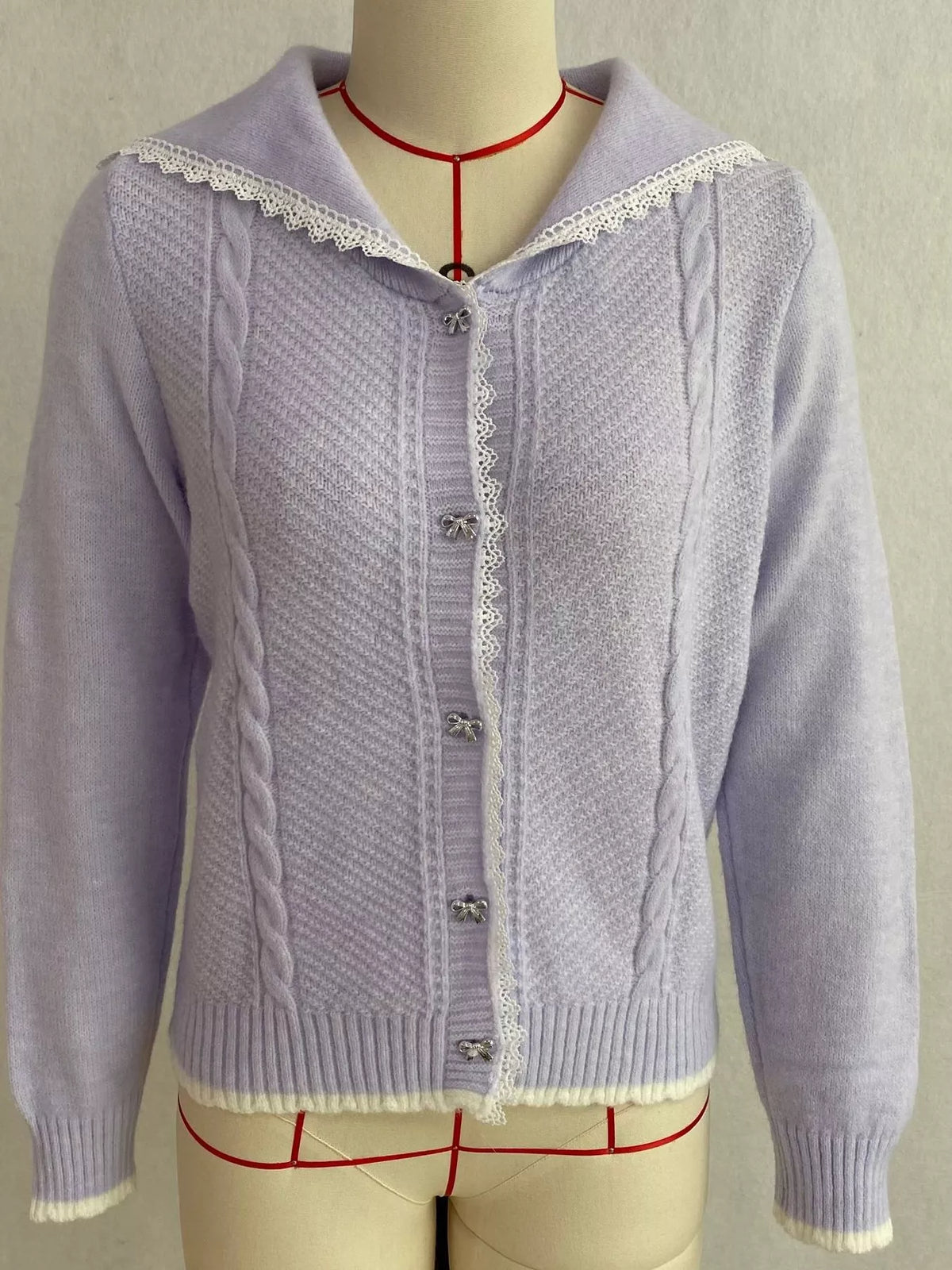 Cable-Knit Cardigan with Lace Trim, view 4
