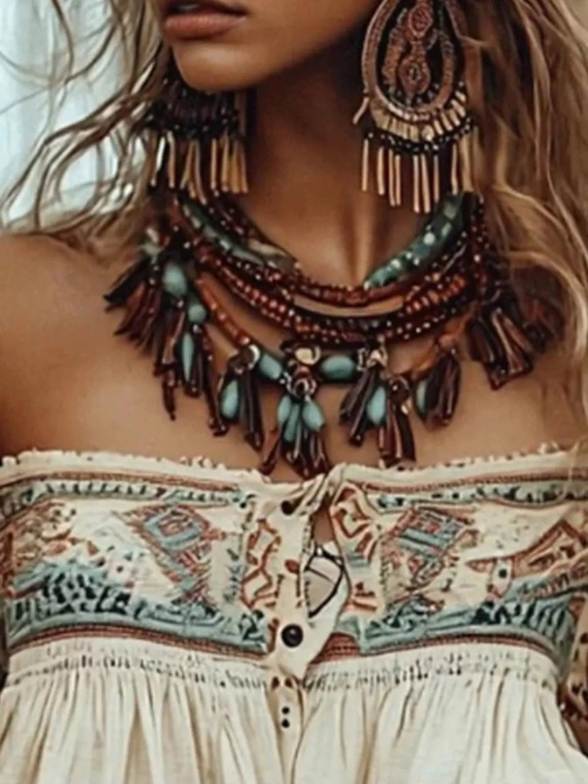 Off-Shoulder Printed Long Sleeve Blouse in Apricot, view 3
