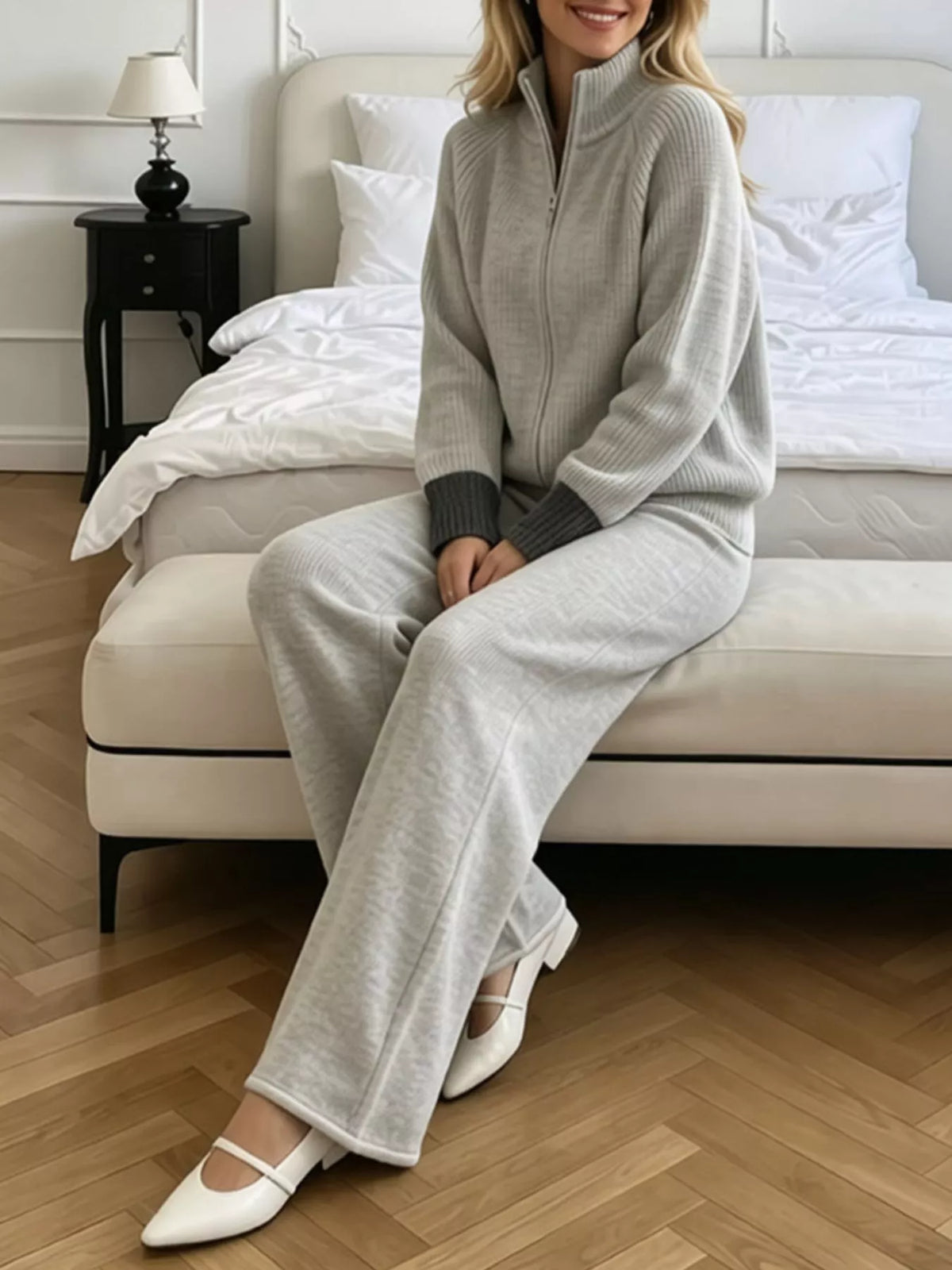Zip-Up Contrast Cuff Cardigan and Pants Sweater Set, view 2