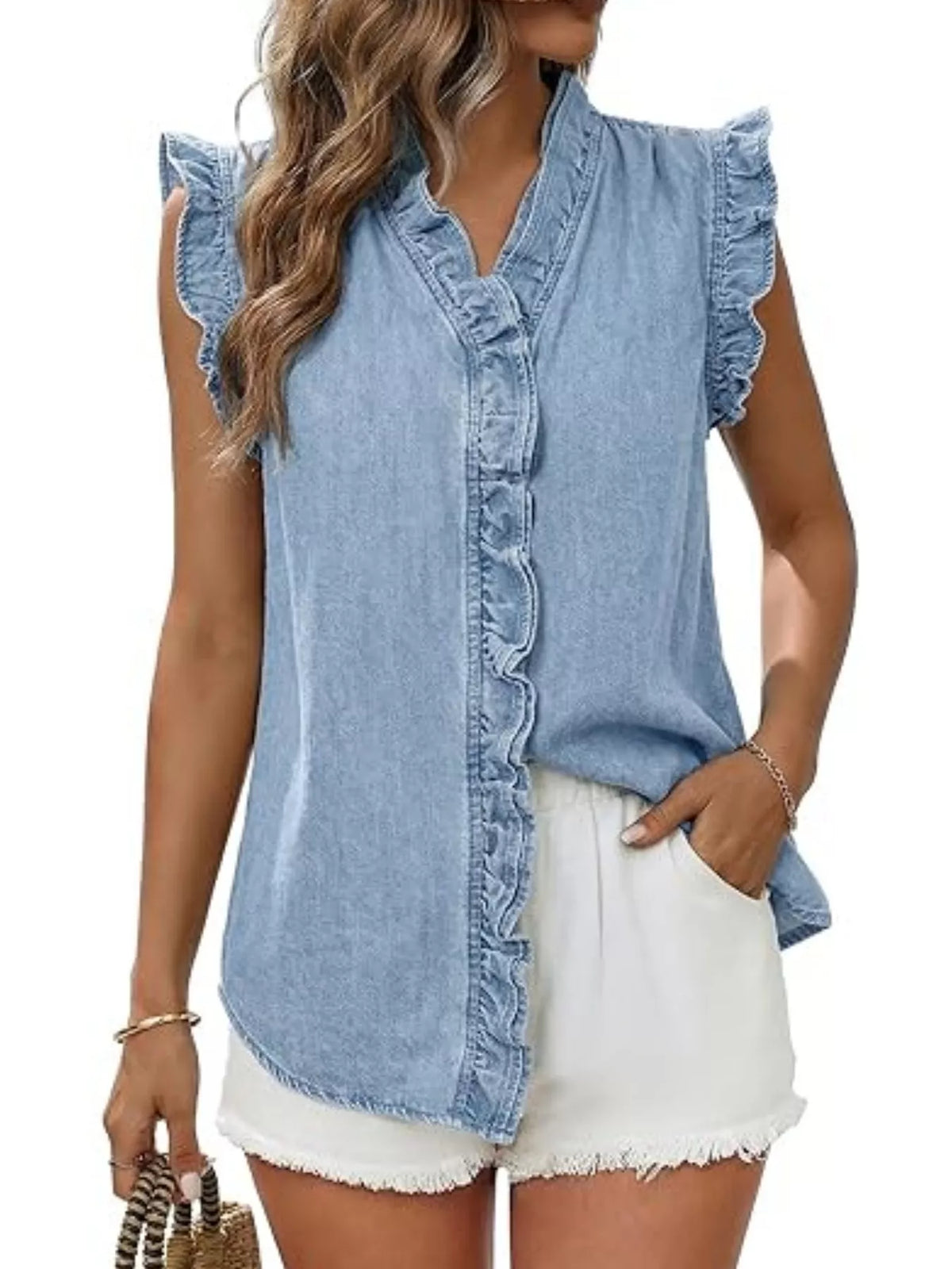 Ruffle Trim V-Neck Sleeveless Denim Top