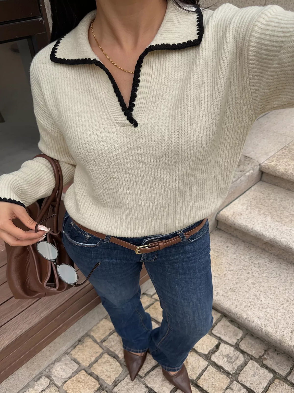 Contrast Trim Dropped Shoulder Sweater in Khaki, view 3