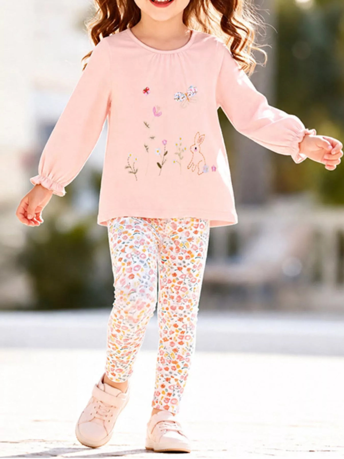Children‘s Embroidered Long Sleeve Top and Floral Leggings Set in Watermelon pink