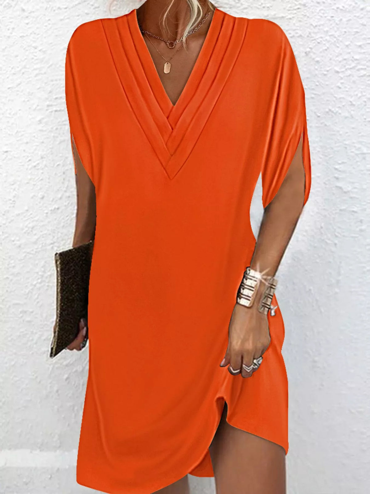 Full Size V-Neck Slit Sleeve Mini Dress Plus Size - Lilixa.store