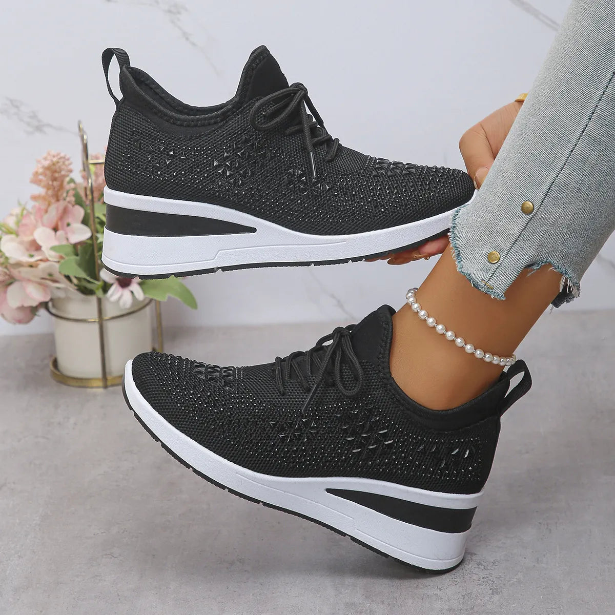 Breathable Mesh Rhinestone Wedge Athletic Sneakers - Lilixa.store