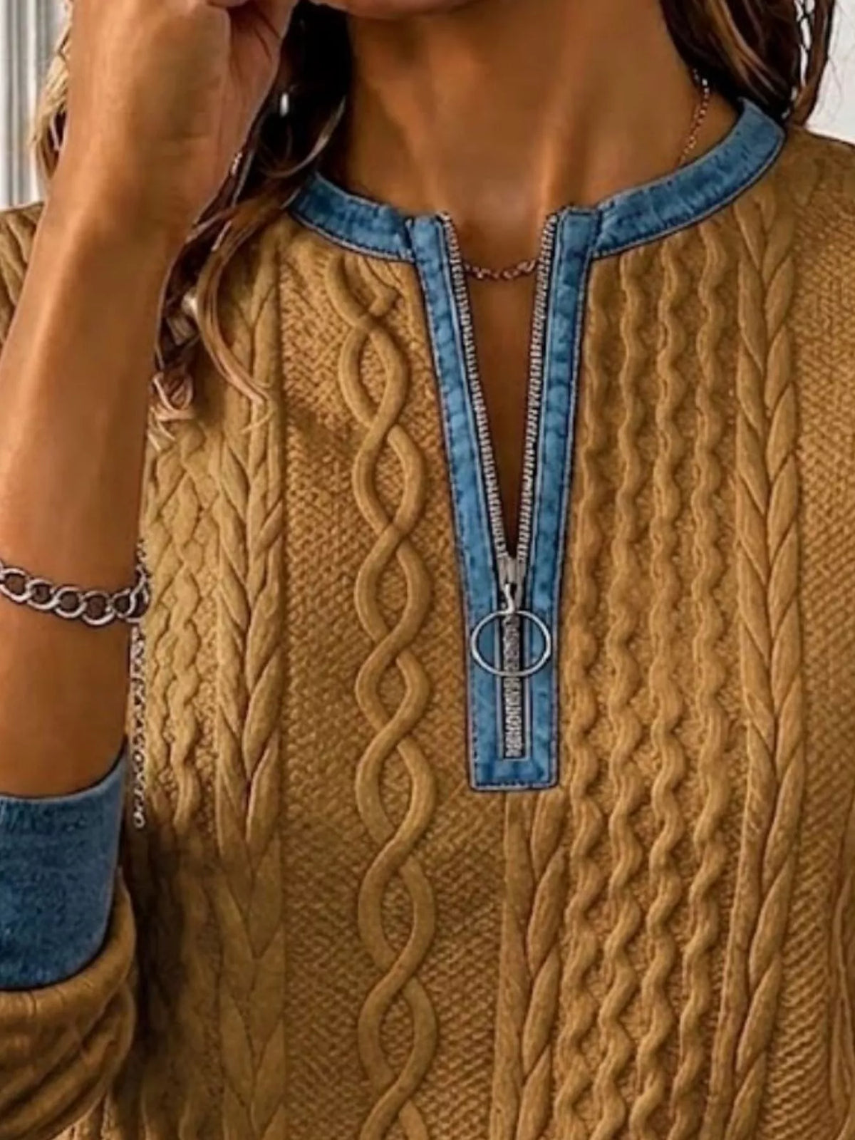 Full Size Denim Contrast Trim Quarter Zip Texture Sweatshirt Plus Size - Lilixa.store