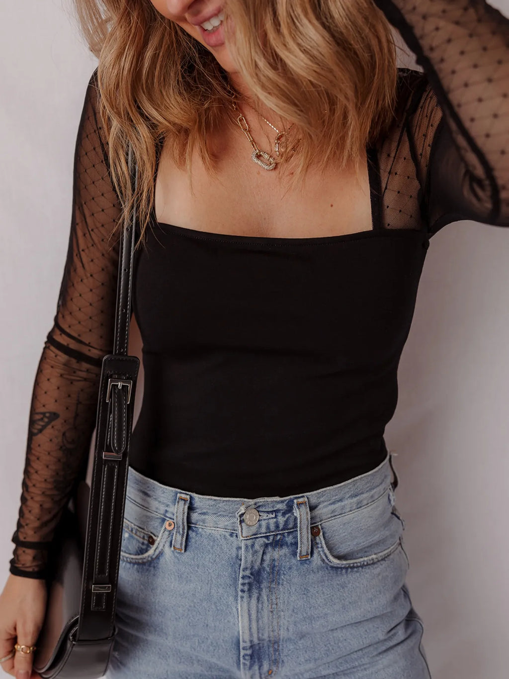 Mesh Sleeve Square Neck Bodysuit - Lilixa.store