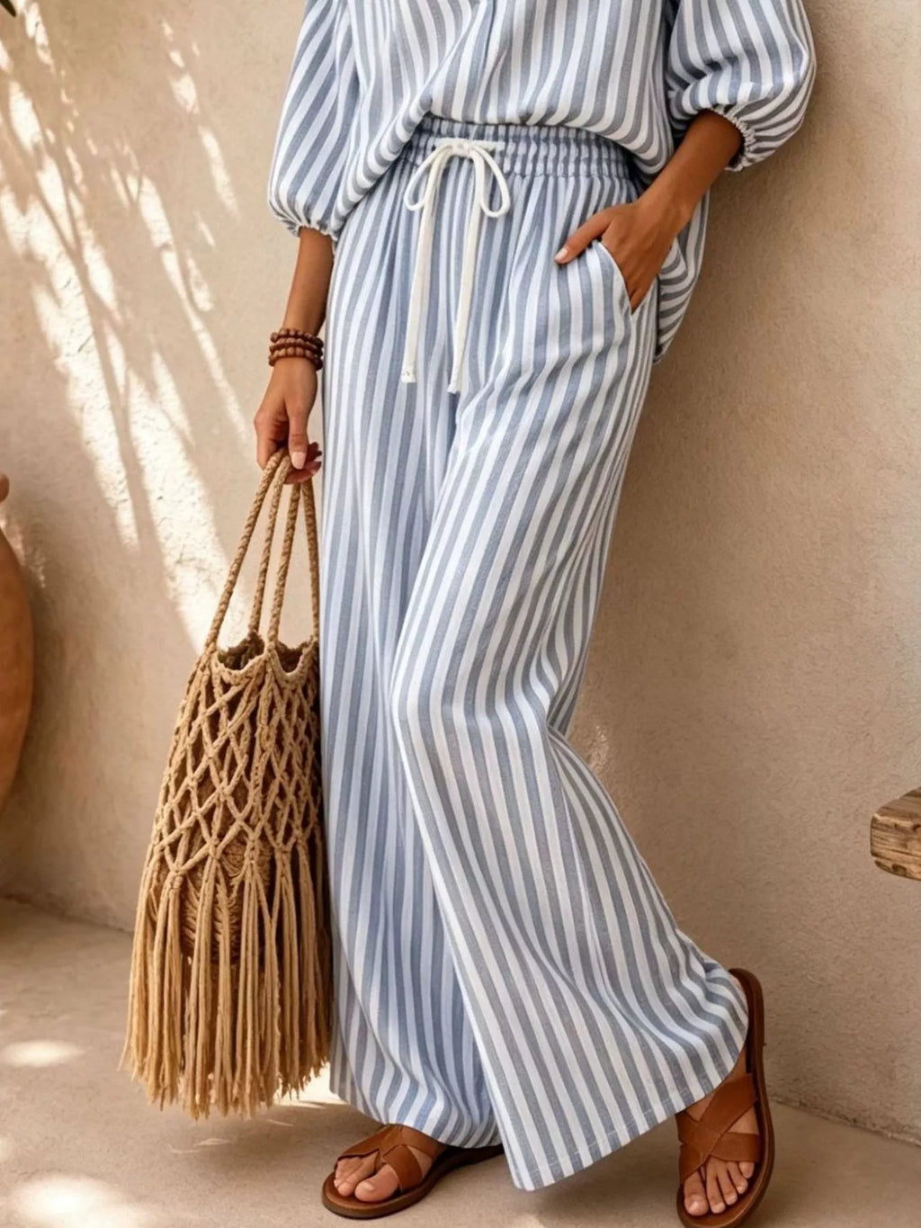 Striped Collared Shirt and Wide-Leg Drawstring Pants Set - Lilixa.store