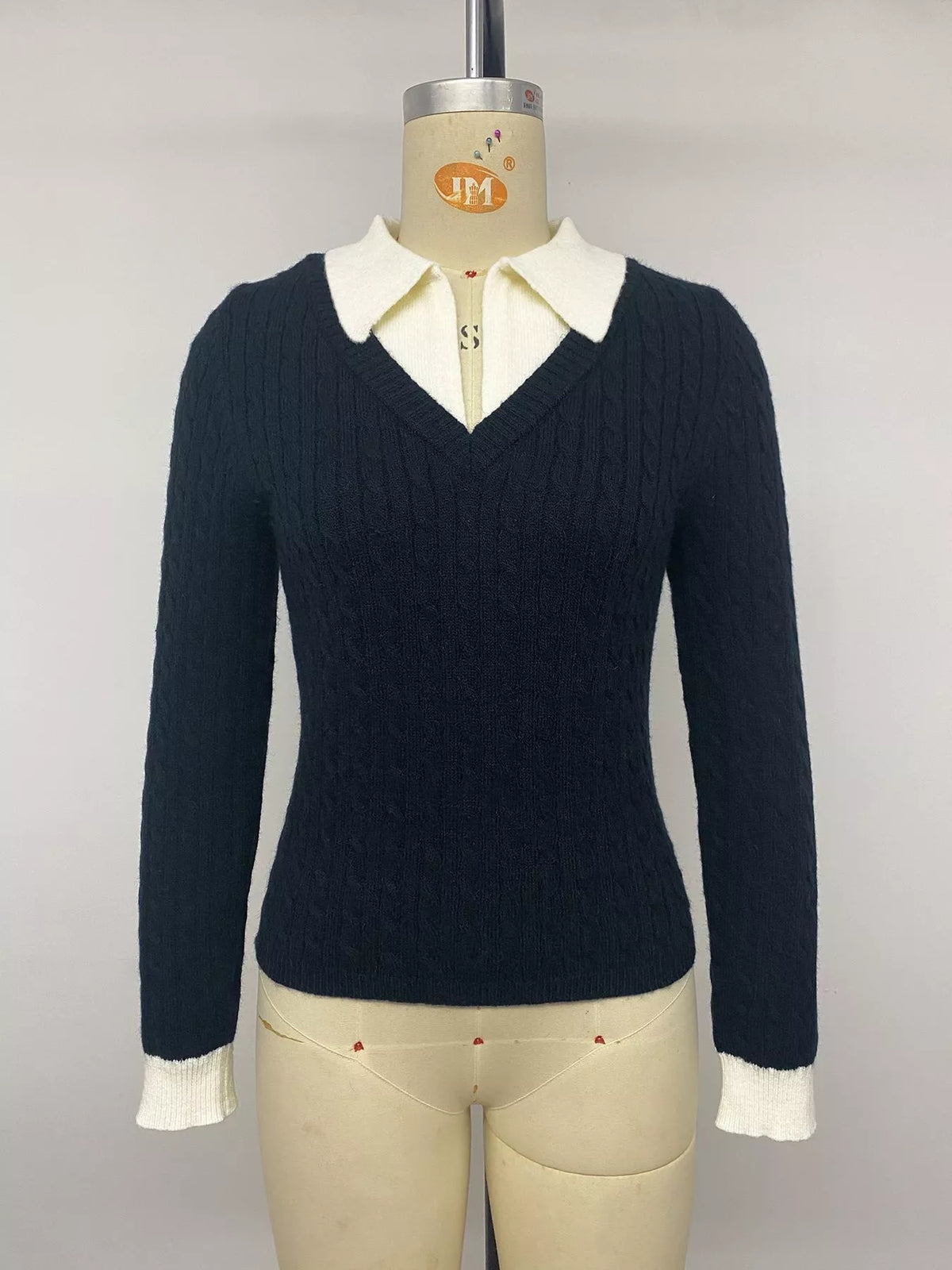 Cable Knit Contrast Collar Sweater in Navy, view 9