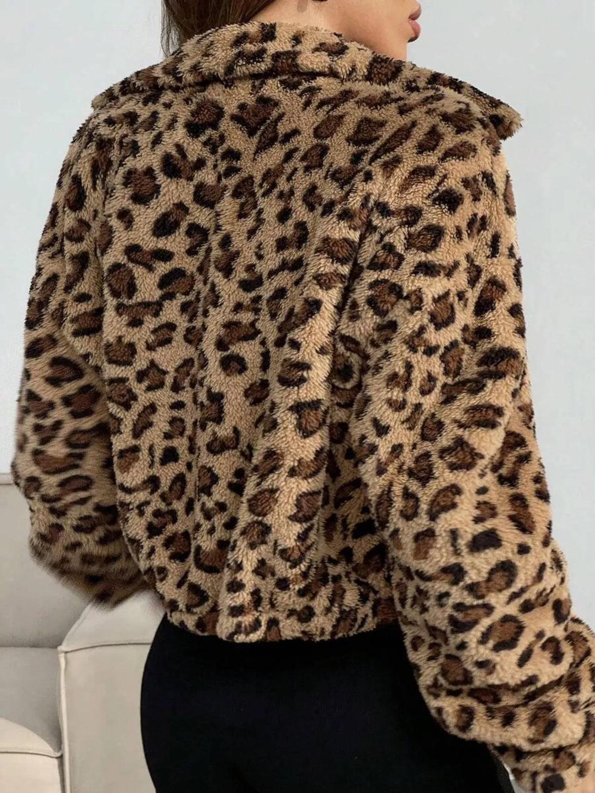 Leopard Print Fuzzy Cropped Jacket, view 3