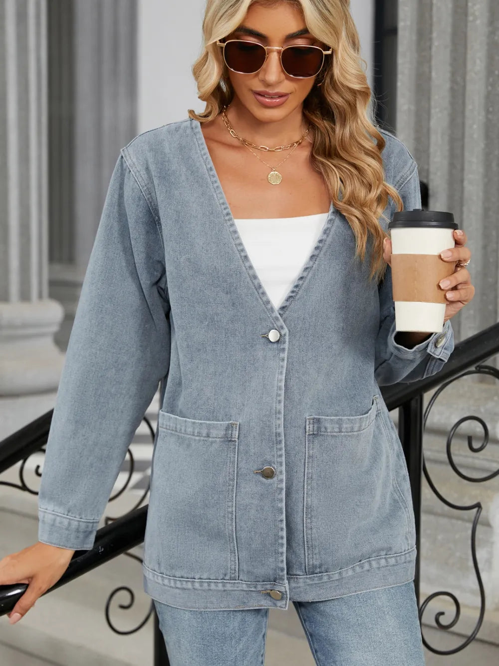 Pocketed V-Neck Button Up Denim Jacket, view 4