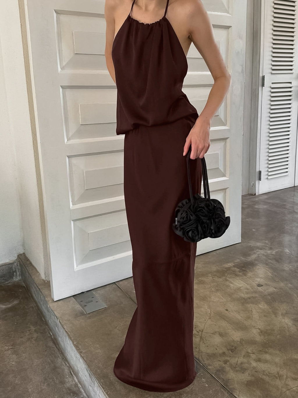Backless Halter Neck Maxi Dress in Brown, view 4
