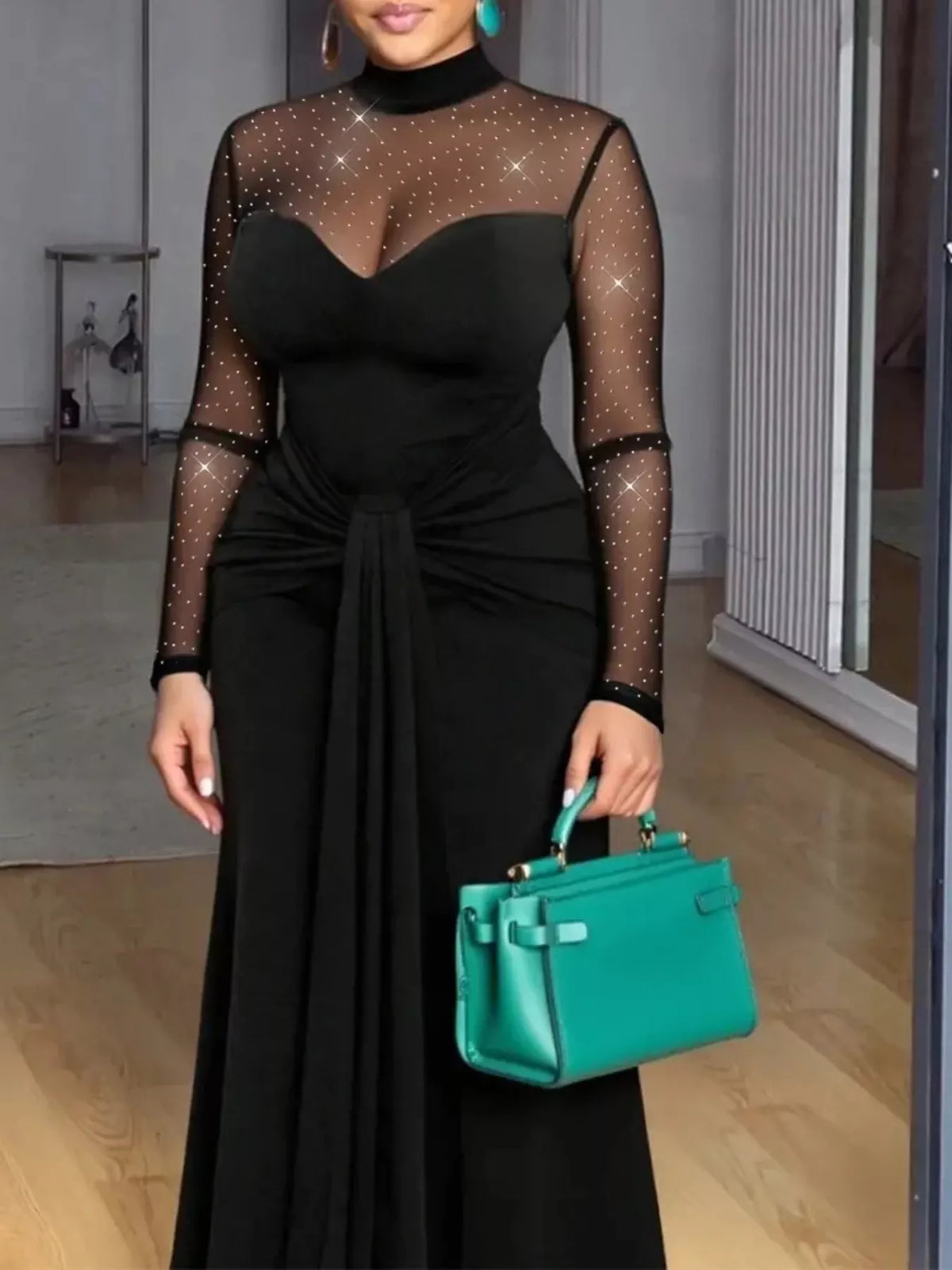 Mesh Mock Neck Long Sleeve Maxi Dress - Lilixa.store