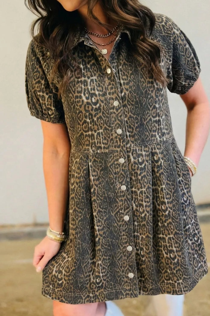 Leopard Print Puff Sleeve Denim Dress - Lilixa.store