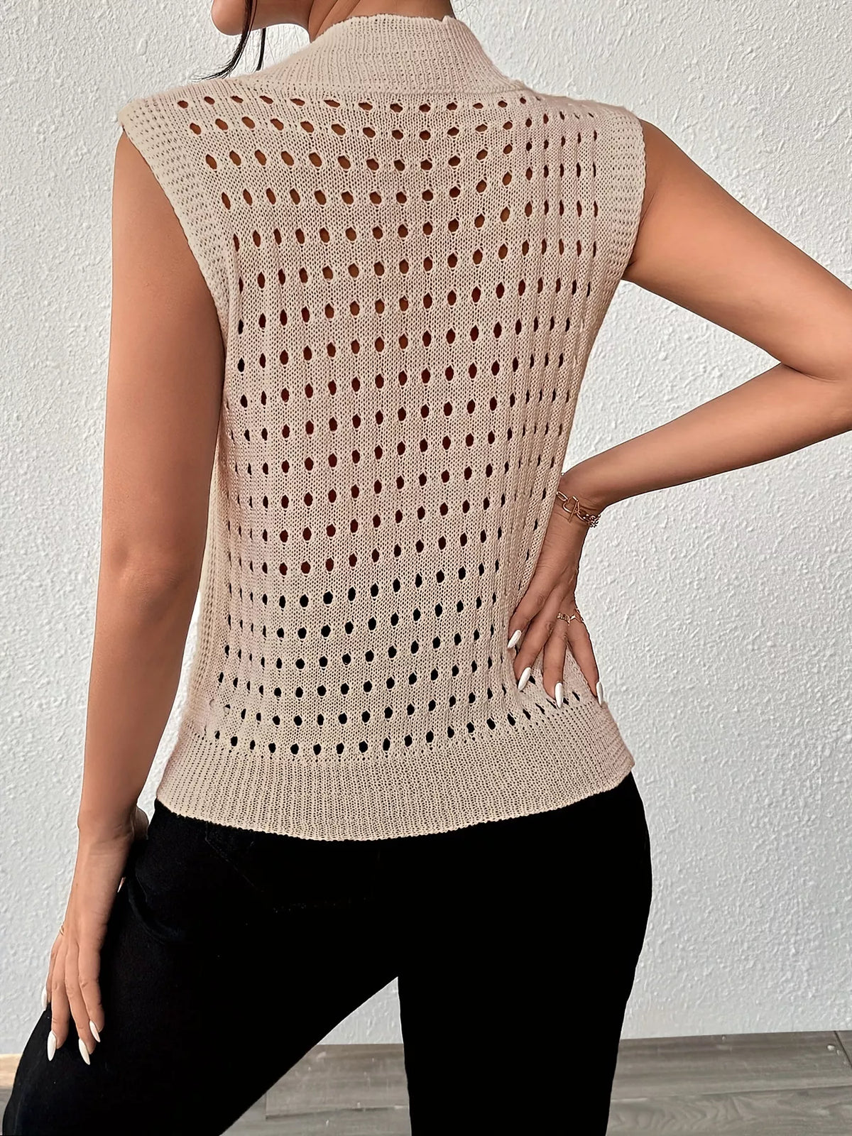 Hollow Out Round Neck Knit Tank in Khaki