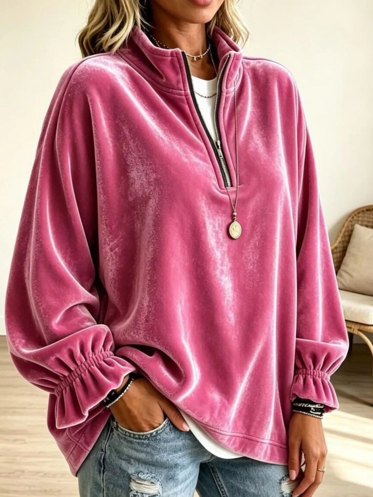Velvet Quarter-Zip Sweatshirt with Ruffled Cuffs - Lilixa.store