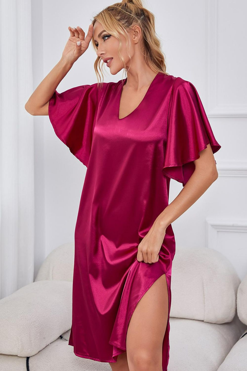 Satin Flutter Sleeve Side Slit V-Neck Night Dress, view 2