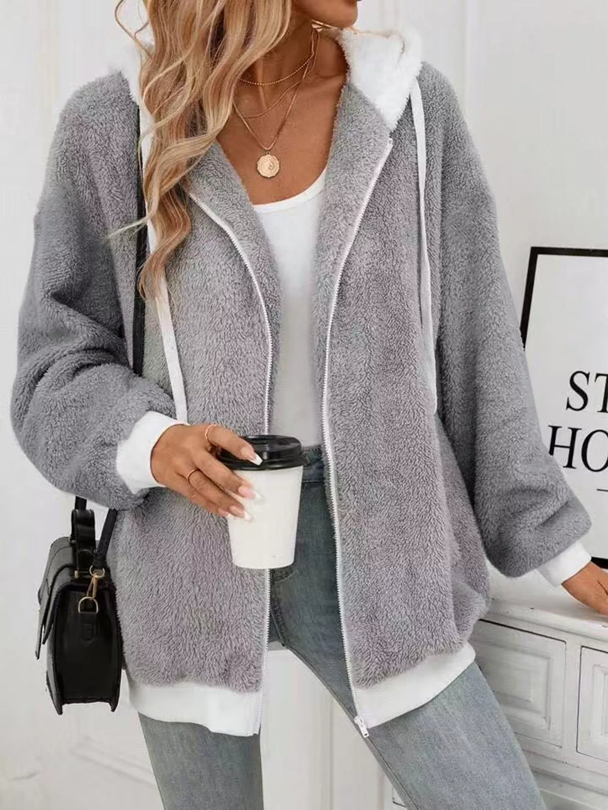 Cozy Fleece Zip-Up Outerwear in Gray, view 4