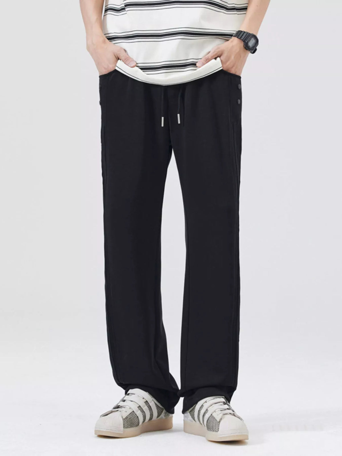 Men's Full Size Drawstring Wide Leg Casual Pants Plus Size in Black