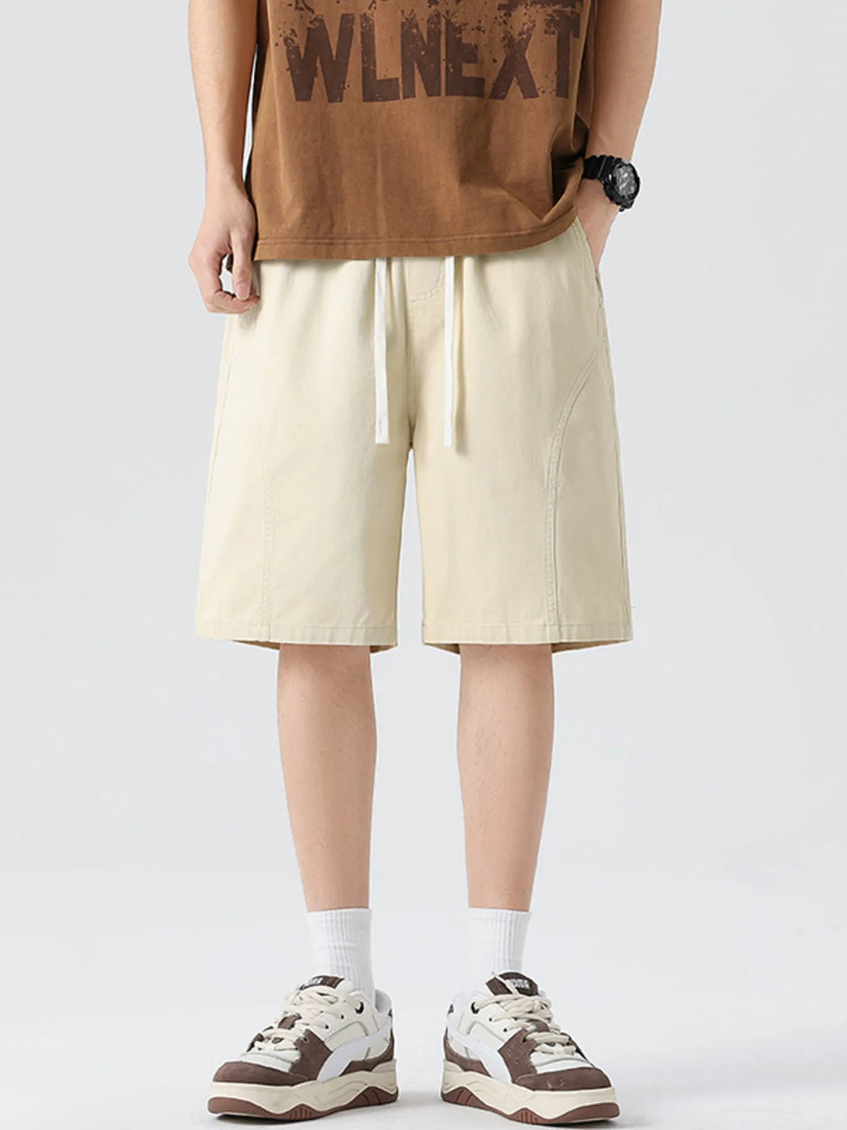Men's Full Size Casual Loose-Fit Drawstring Shorts Plus Size in Cream