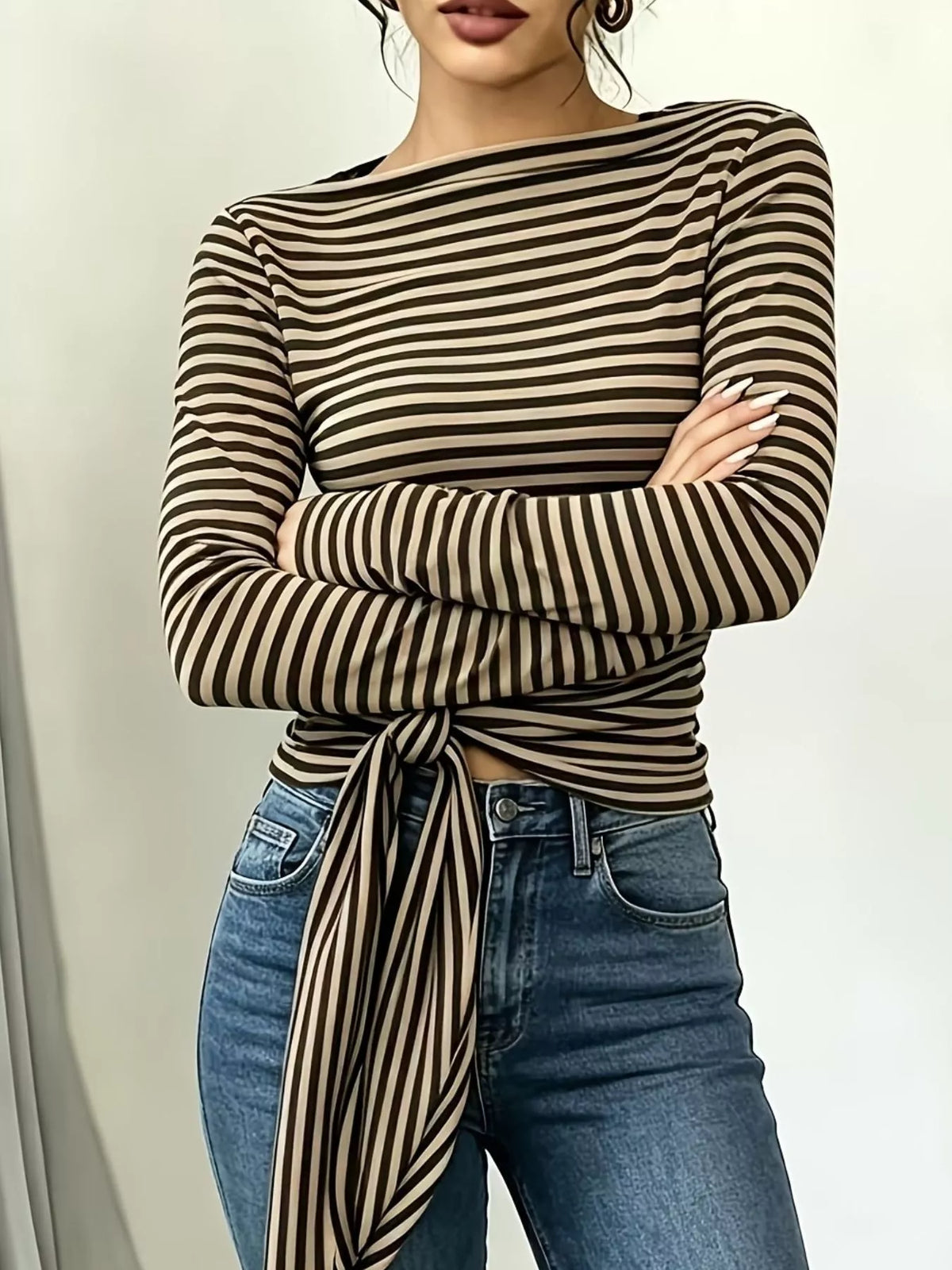 Long Sleeve Striped T-Shirt with Front Tie Detail, view 17