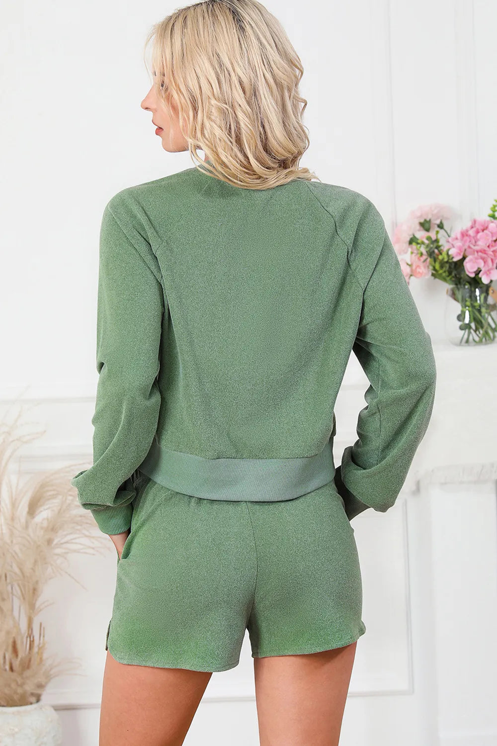 Round Neck Long Sleeve Top and Drawstring Shorts Lounge Set - Lilixa.store