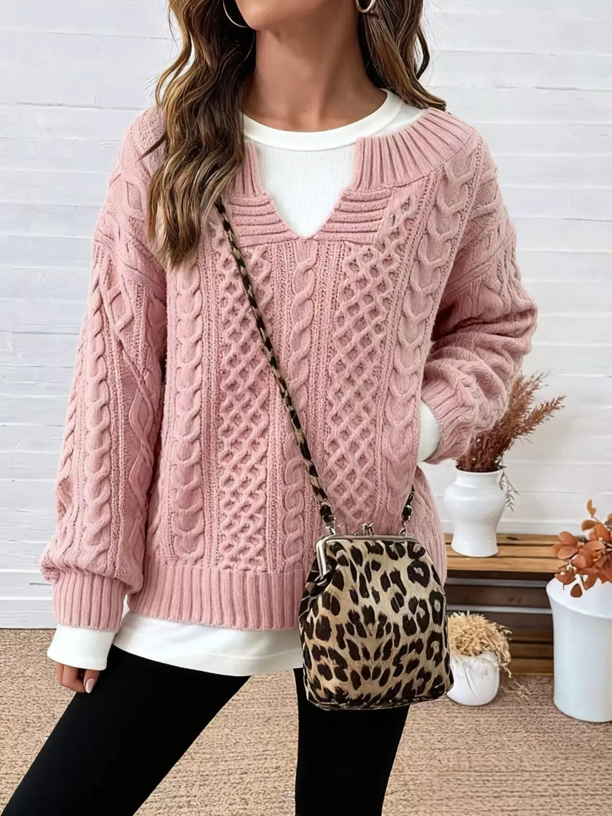 Full Size Cable Knit Dropped Shoulder Sweater Plus Size
