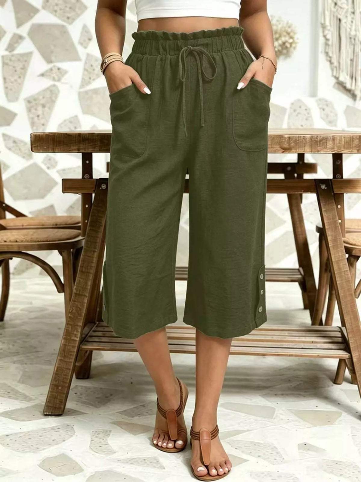 High-Waisted Drawstring Capris in Army Green