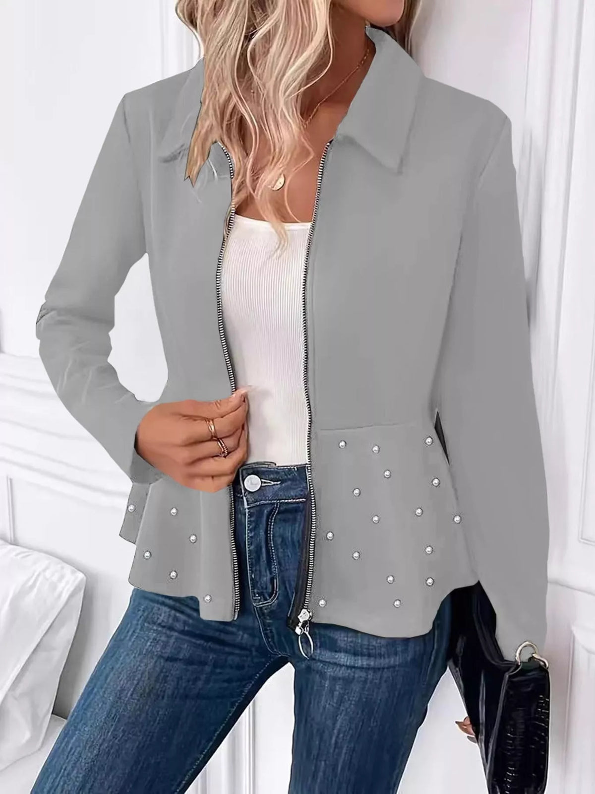 Pearl Embellished Zip-Up Peplum Outerwear, view 8