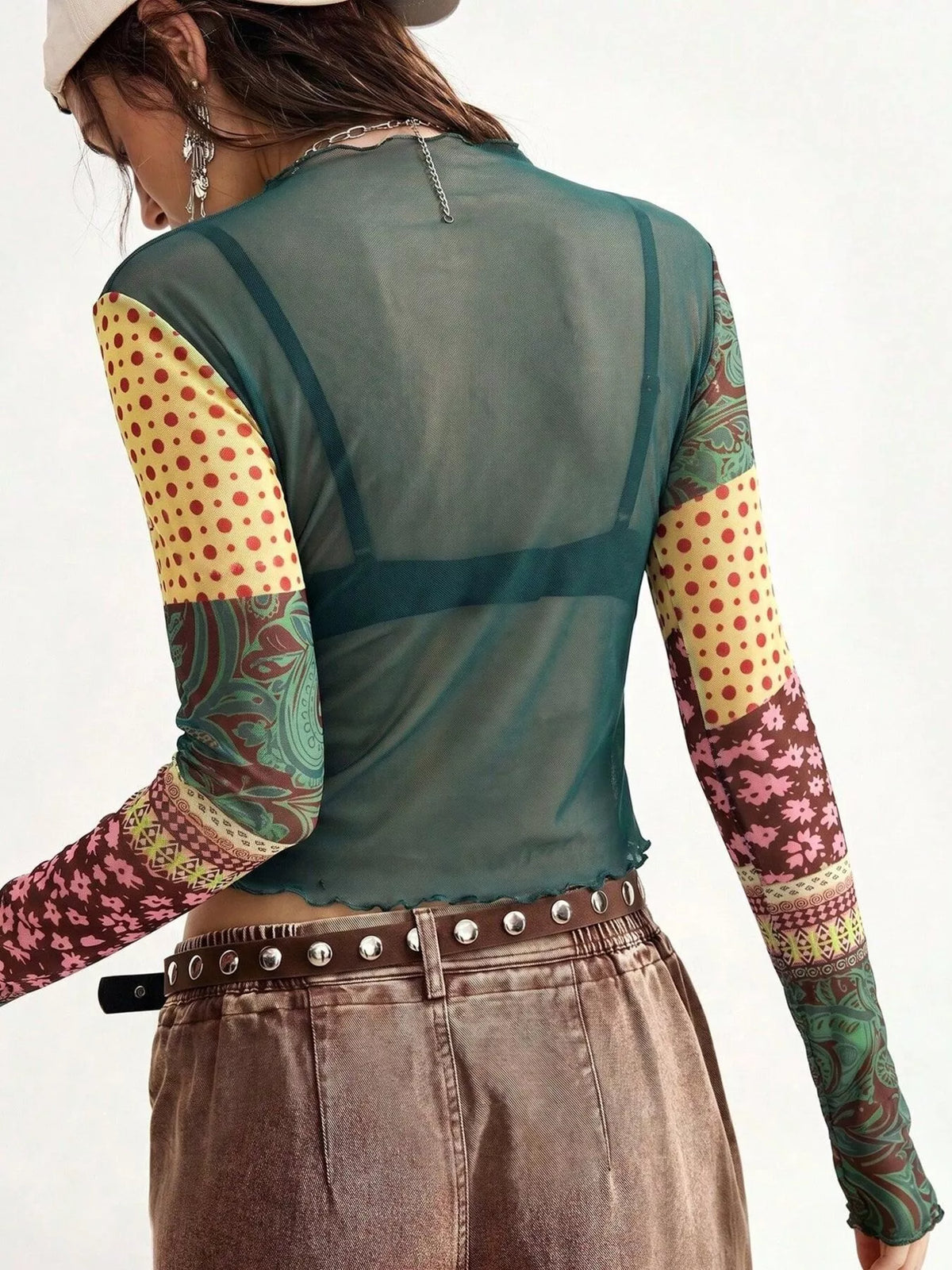 Floral Print Mesh Mock Neck Long Sleeve Top, view 6
