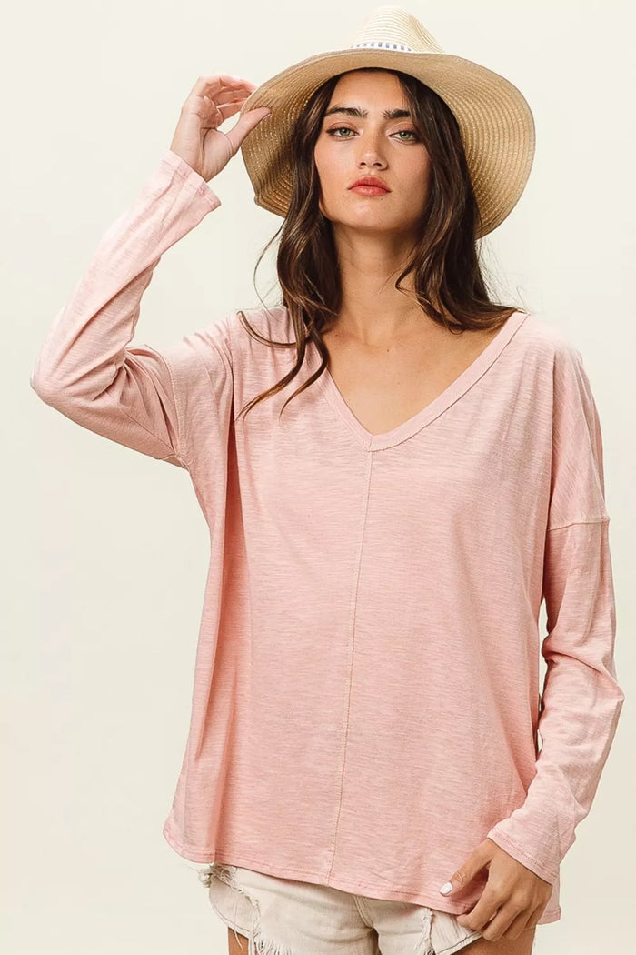 BiBi Exposed Seam V-Neck Long Sleeve T-Shirt - Lilixa.store
