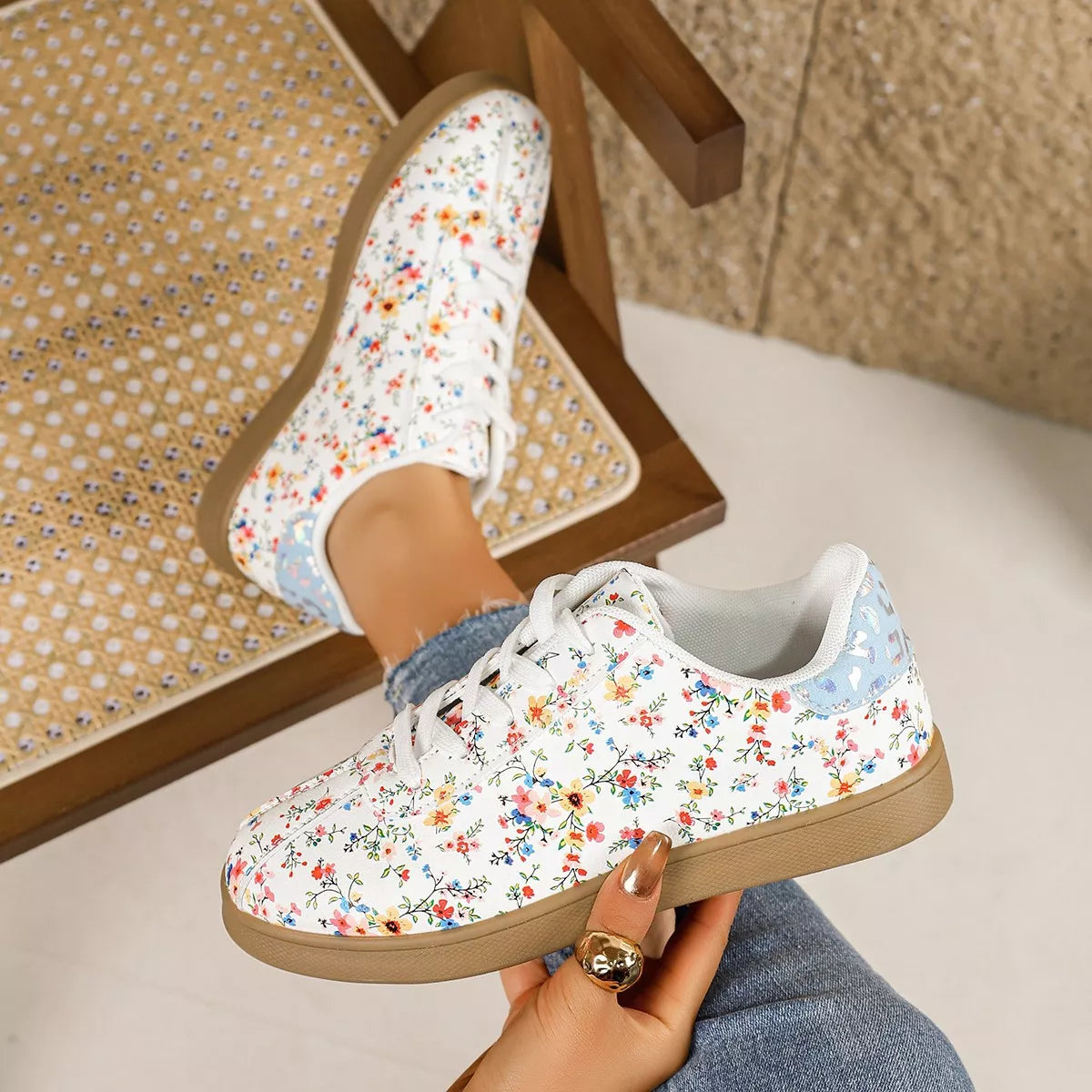 Floral Print Lace-Up Sneakers - Lilixa.store