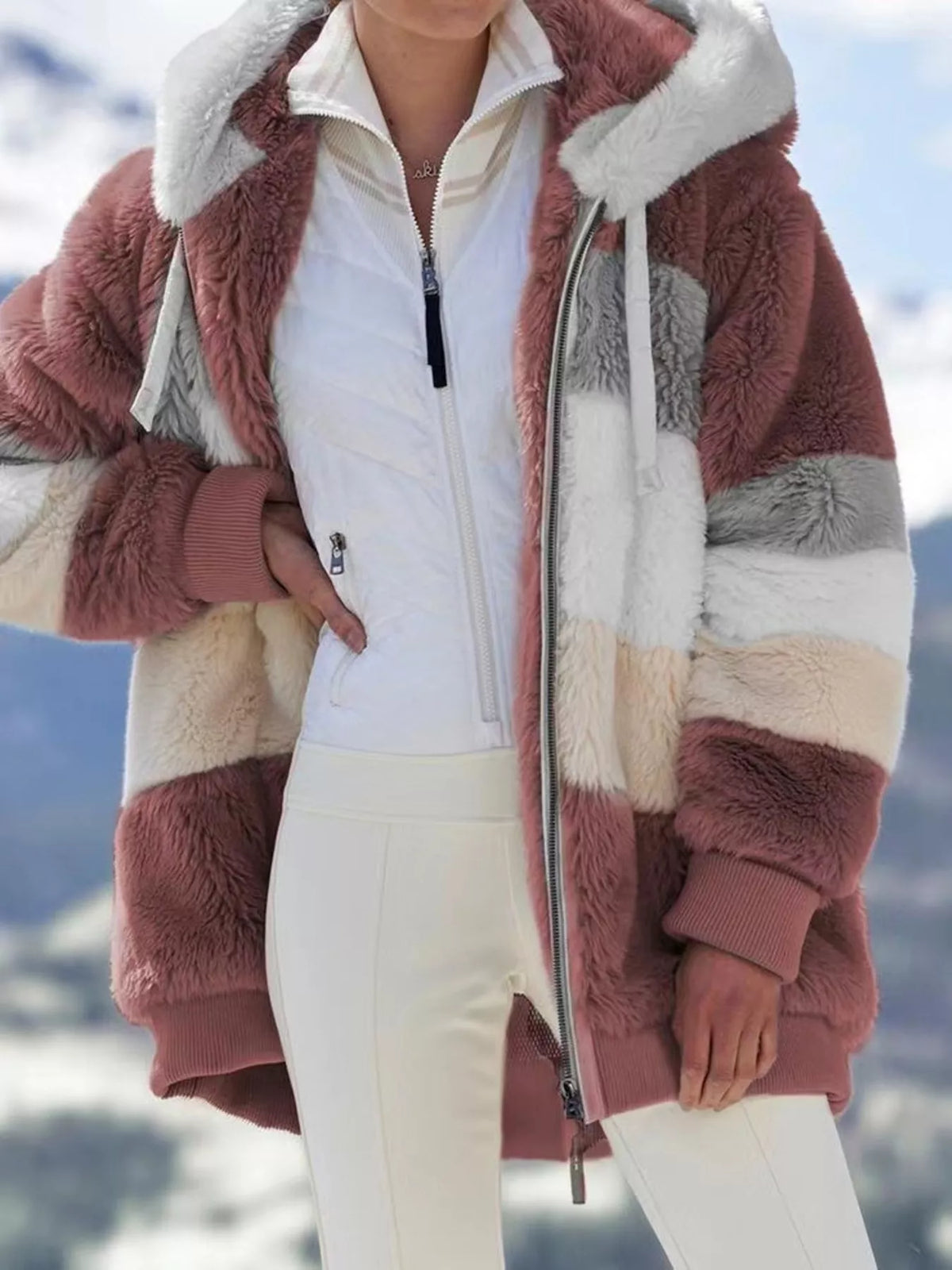 Full Size Fuzzy Zip Up Hooded Outerwear Plus Size in Burgundy