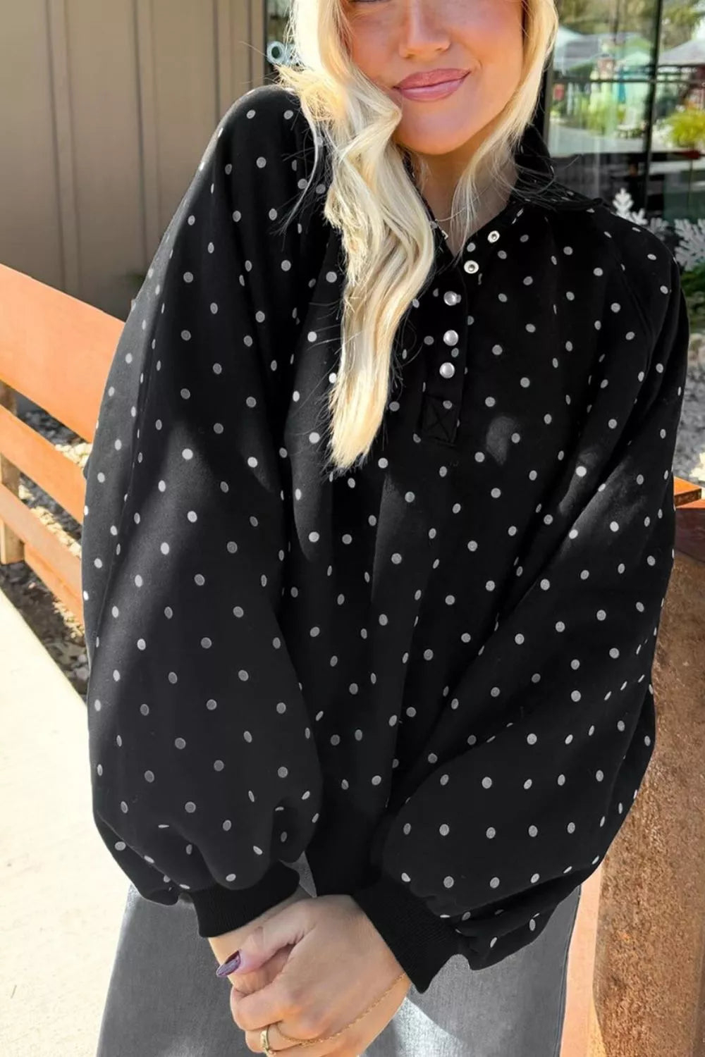Polka Dot Snap-Button Sweatshirt - Lilixa.store