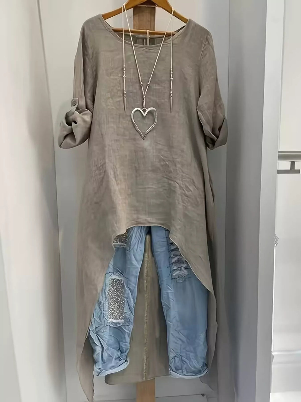 High-Low Hem Roll-Up Sleeves Blouse - Lilixa.store
