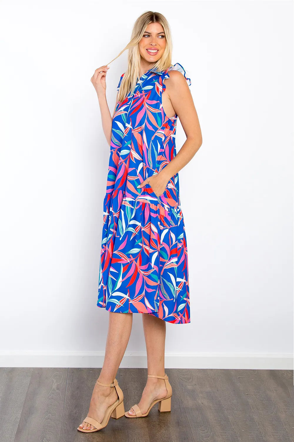 Be Stage Print Ruffled Midi Dress with Pockets - Lilixa.store