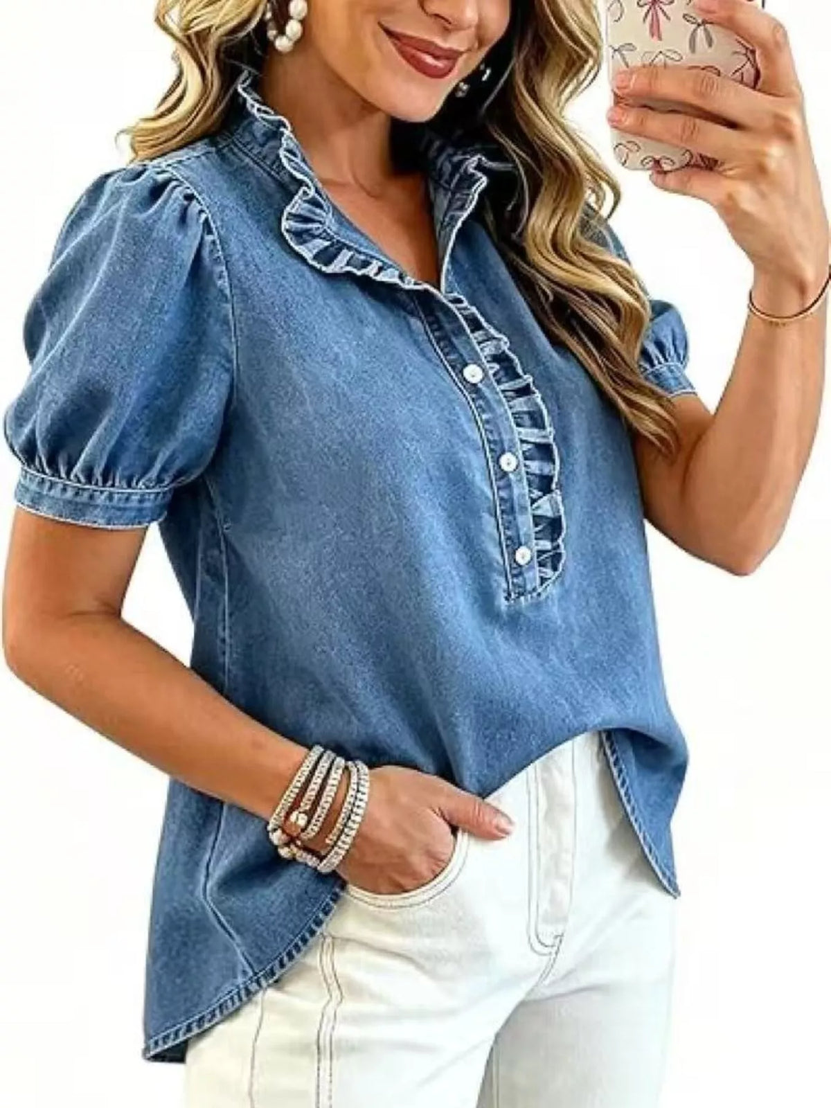 Frill Puff Sleeve Denim Top - Lilixa.store