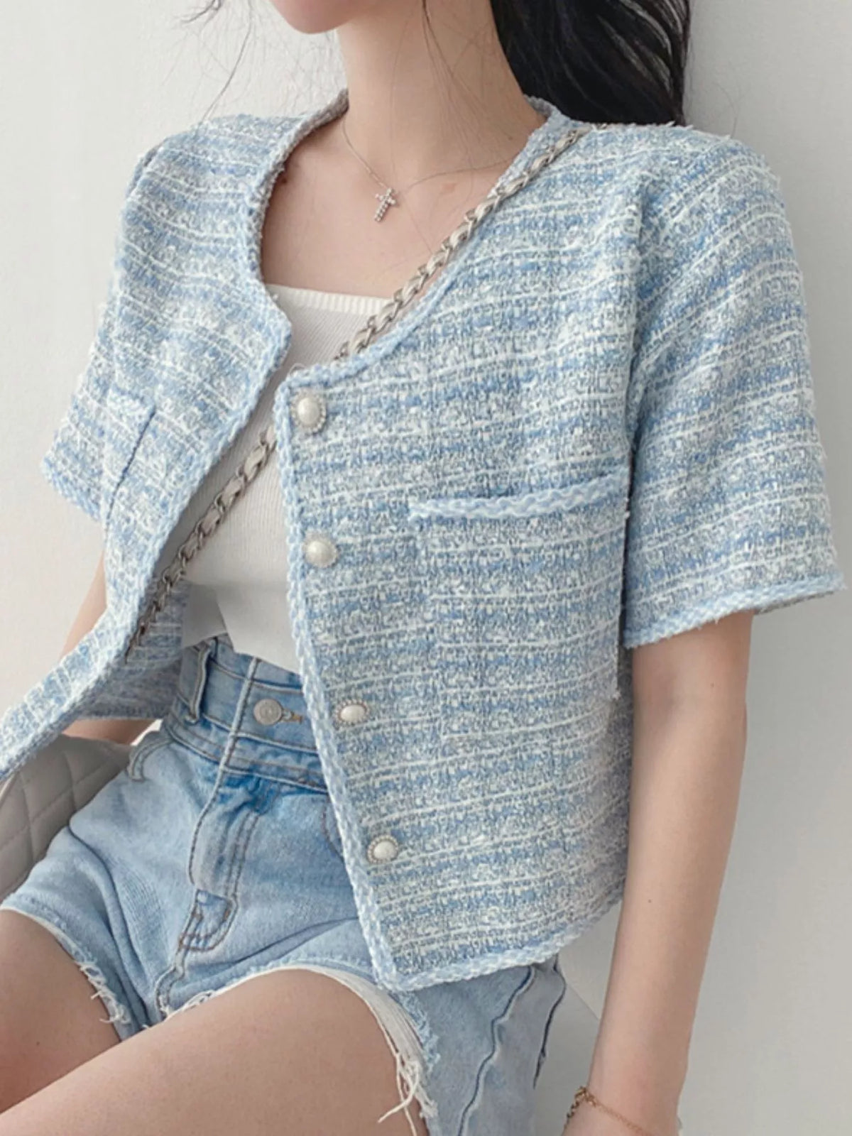Pearl Button Short Sleeve Tweed Outerwear in Blue