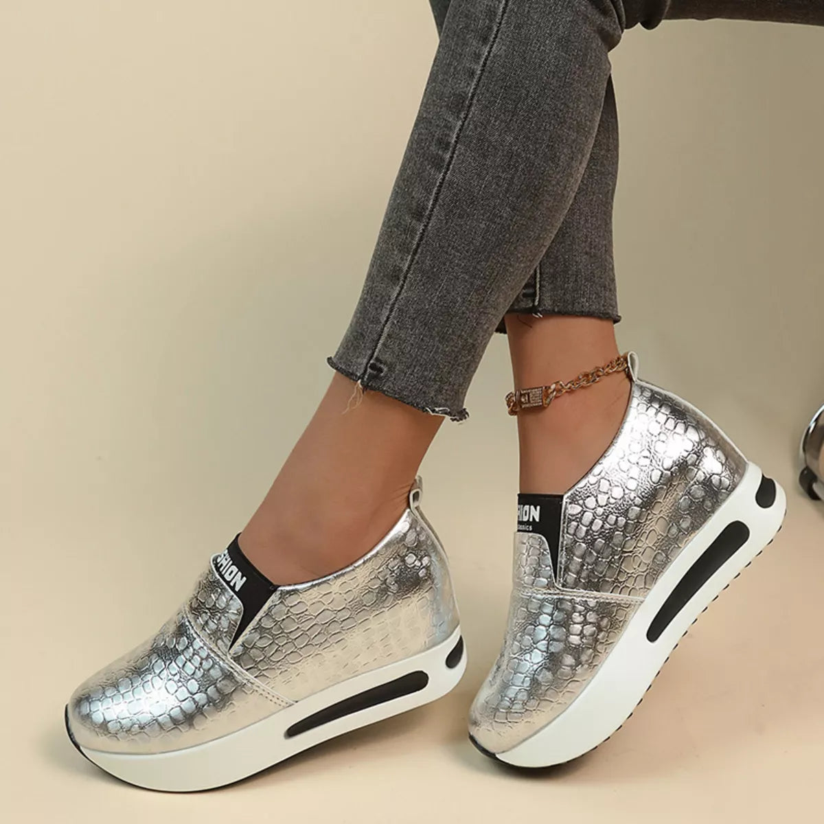 Round Toe Platform Slip-Ons in Silver