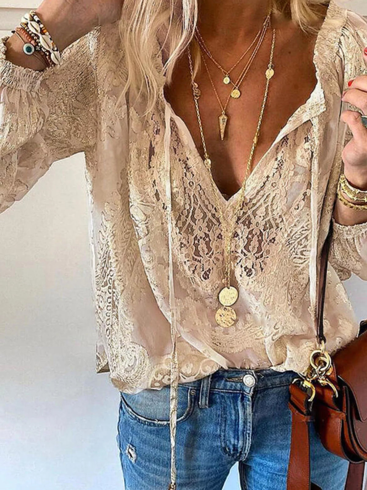 Lace Tie-Neck Blouse - Lilixa.store