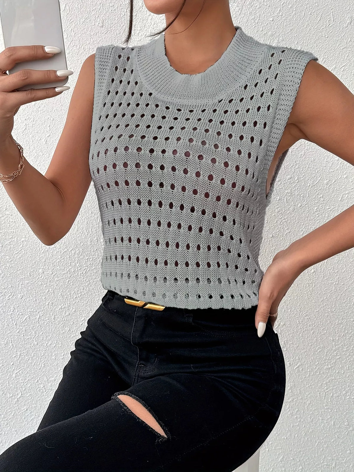 Hollow Out Round Neck Knit Tank, view 15