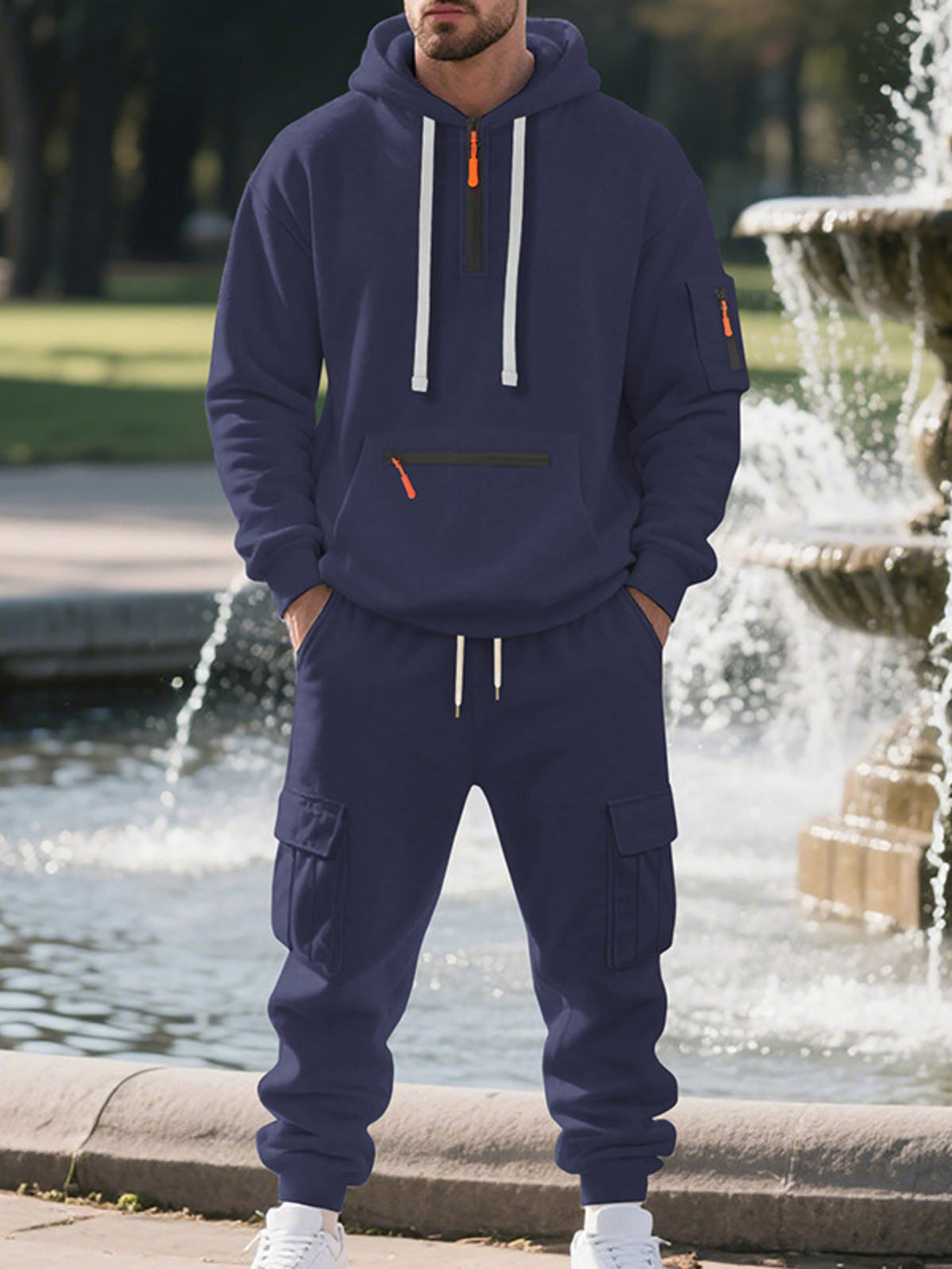 Men's Plus Size Tactical Cargo Hoodie and Jogger Set in Navy Blue