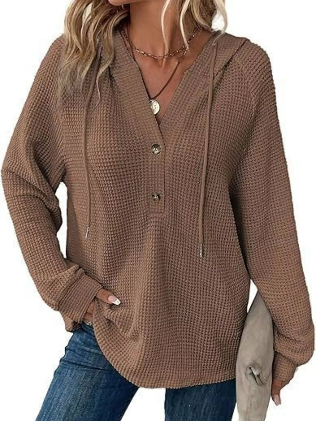 Full Size Waffle Knit Half-Button Hoodie Plus Size - Lilixa.store